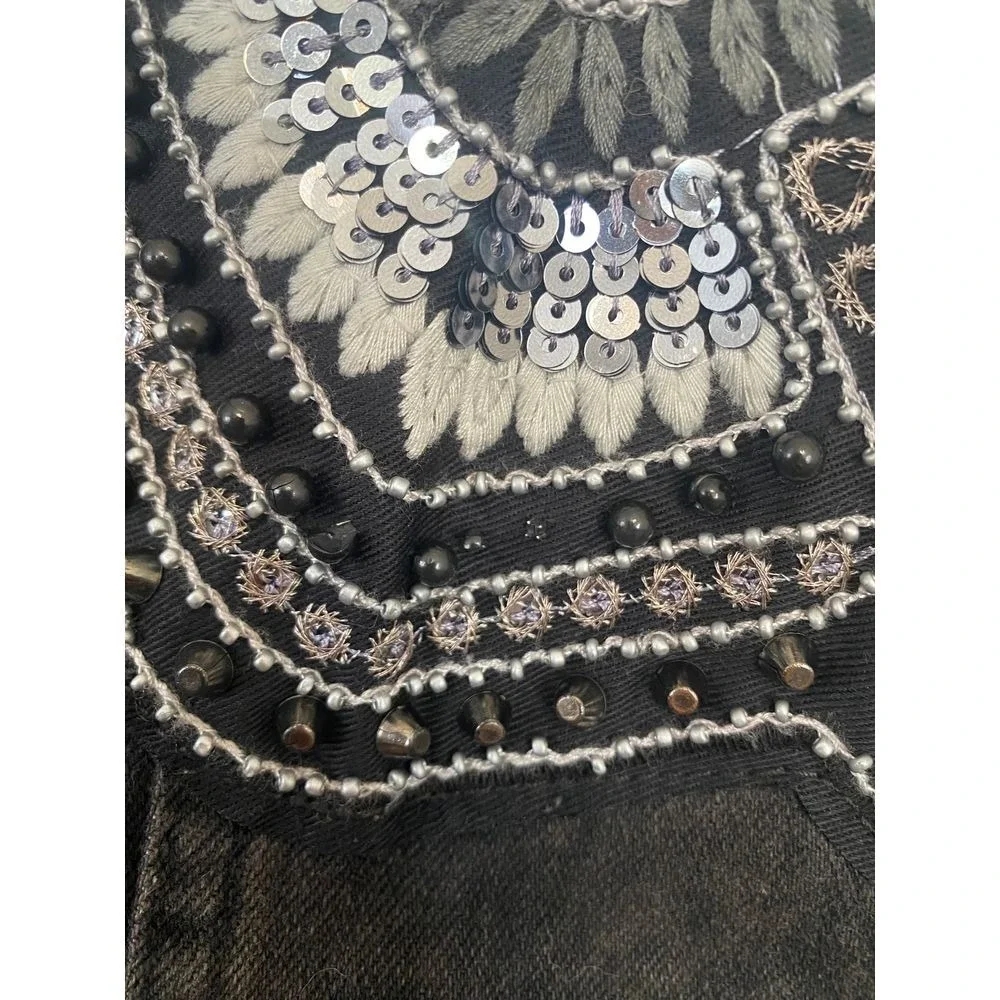 Karl Lagerfeld for Falabella Black Acid‎ Wash Embellished Denim Jacket Sequin